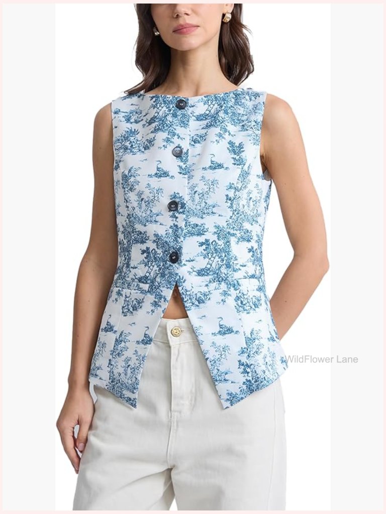 Women's Floral Vest Suit Top Boat Neck Button Down Sleeveless Blazer Waistcoat